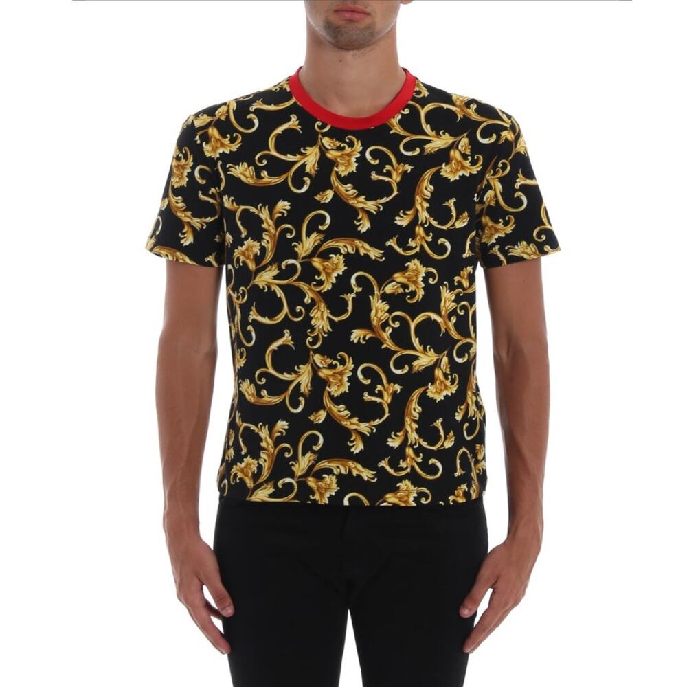 Versace A76113 Barocco Print T Shirt Mens L Black Gold Red Made in Italy